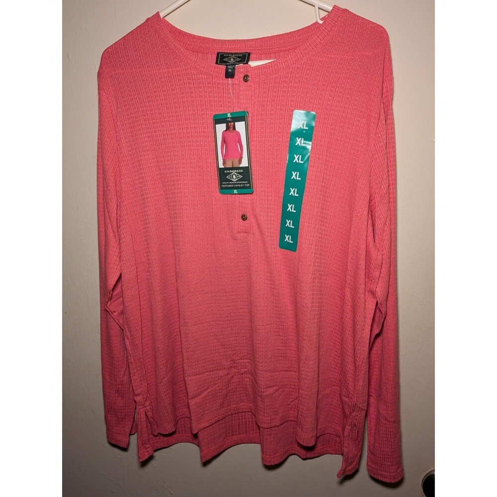 G.H. Bass & Co. Henley Women’s Long Sleeve Button Pullover Top, Pink, XL
